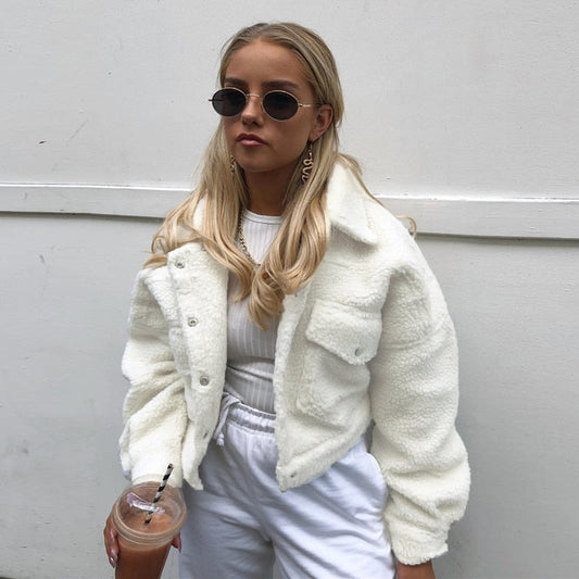 Autumn Winter Coat Women's Fleece Shaggy Warm Cropped Overcoat Single Breasted Outwear Jacket The Clothing Company Sydney