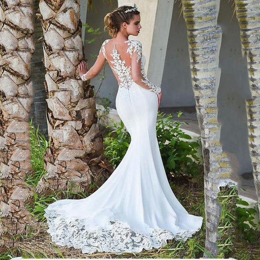 Vintage Mermaid Wedding Dress Scoop-Neck Full Sleeves Wedding Gowns Zipper Back Lace Satin Bride Dress The Clothing Company Sydney