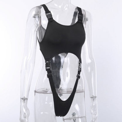 Black Solid Sexy High Street Bodysuit Hollow Out Buckle Sleeveless Backless Ladies Suspenders Bodysuit The Clothing Company Sydney