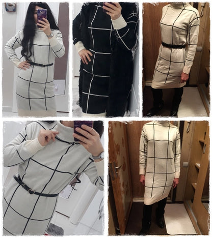 Elegant knitted Long sleeve turtleneck plaid Winter straight chic pullover sweater dress The Clothing Company Sydney