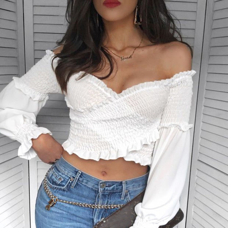Fashion Chic Smocking White Shirt Women Blouse Long Sleeve Criss-cross Off Shoulder Top Crop The Clothing Company Sydney