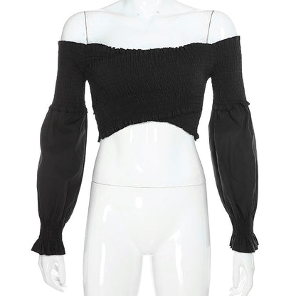 Fashion Chic Smocking White Shirt Women Blouse Long Sleeve Criss-cross Off Shoulder Top Crop The Clothing Company Sydney