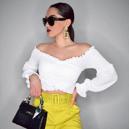 Fashion Chic Smocking White Shirt Women Blouse Long Sleeve Criss-cross Off Shoulder Top Crop The Clothing Company Sydney