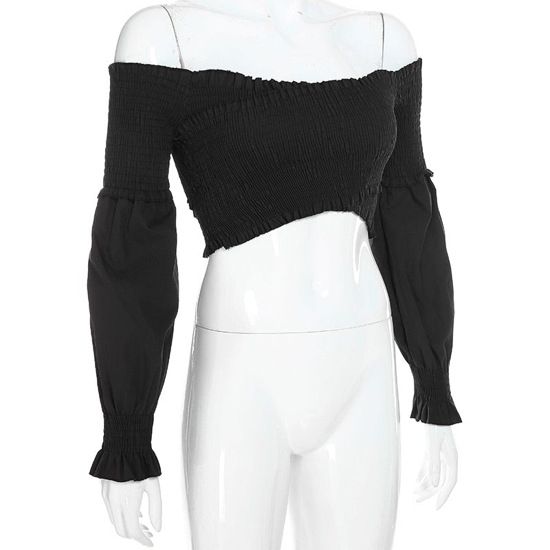 Fashion Chic Smocking White Shirt Women Blouse Long Sleeve Criss-cross Off Shoulder Top Crop The Clothing Company Sydney