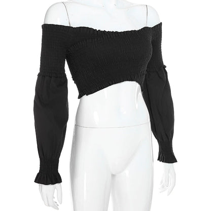 Fashion Chic Smocking White Shirt Women Blouse Long Sleeve Criss-cross Off Shoulder Top Crop The Clothing Company Sydney