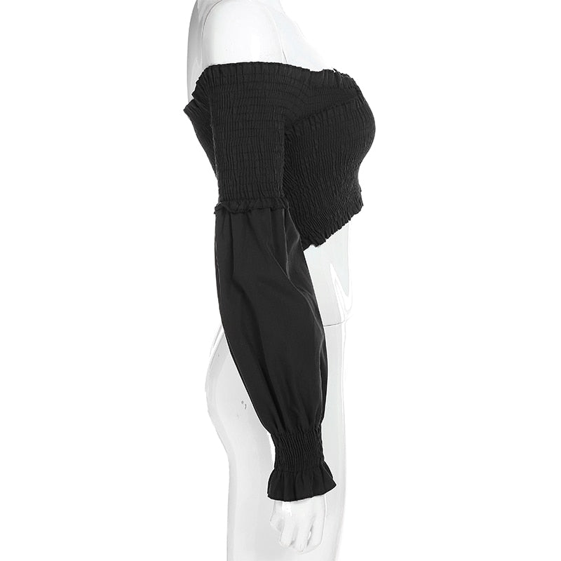 Fashion Chic Smocking White Shirt Women Blouse Long Sleeve Criss-cross Off Shoulder Top Crop The Clothing Company Sydney