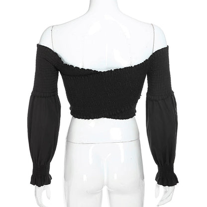 Fashion Chic Smocking White Shirt Women Blouse Long Sleeve Criss-cross Off Shoulder Top Crop The Clothing Company Sydney