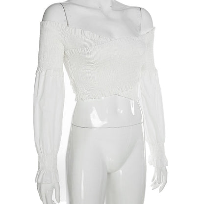 Fashion Chic Smocking White Shirt Women Blouse Long Sleeve Criss-cross Off Shoulder Top Crop The Clothing Company Sydney