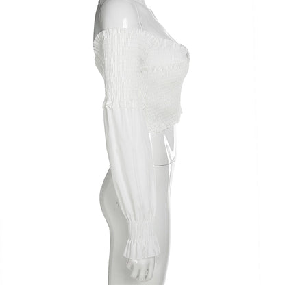 Fashion Chic Smocking White Shirt Women Blouse Long Sleeve Criss-cross Off Shoulder Top Crop The Clothing Company Sydney