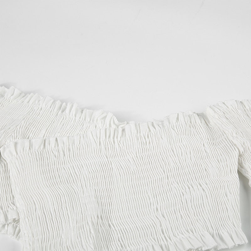Fashion Chic Smocking White Shirt Women Blouse Long Sleeve Criss-cross Off Shoulder Top Crop The Clothing Company Sydney