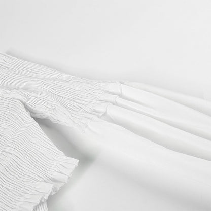 Fashion Chic Smocking White Shirt Women Blouse Long Sleeve Criss-cross Off Shoulder Top Crop The Clothing Company Sydney