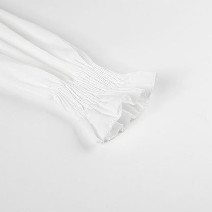 Fashion Chic Smocking White Shirt Women Blouse Long Sleeve Criss-cross Off Shoulder Top Crop The Clothing Company Sydney