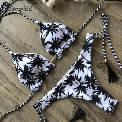 Floral print tassel swimwear Bandage swimsuit push up two pieces suit triangle bikini set bathing suit beach wear The Clothing Company Sydney