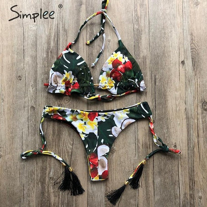 Floral print tassel swimwear Bandage swimsuit push up two pieces suit triangle bikini set bathing suit beach wear The Clothing Company Sydney