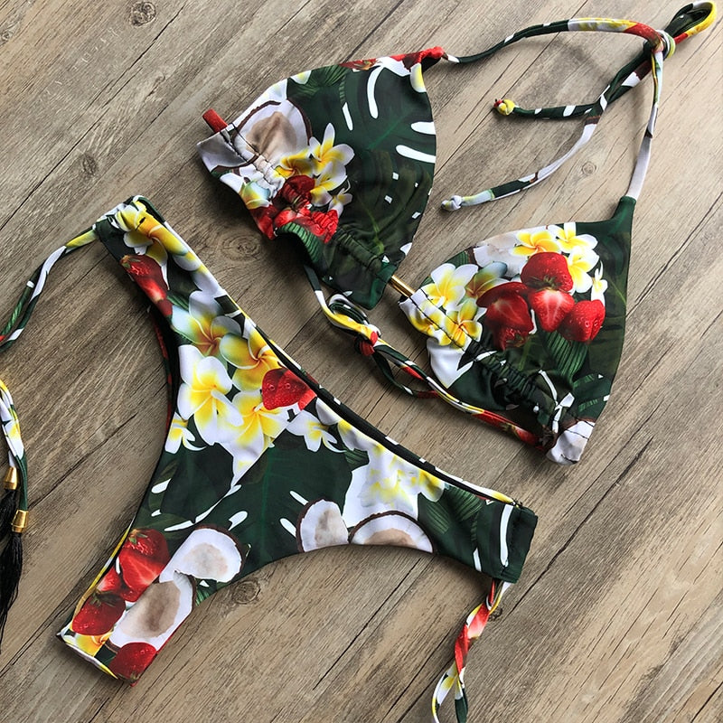 Floral print tassel swimwear Bandage swimsuit push up two pieces suit triangle bikini set bathing suit beach wear The Clothing Company Sydney