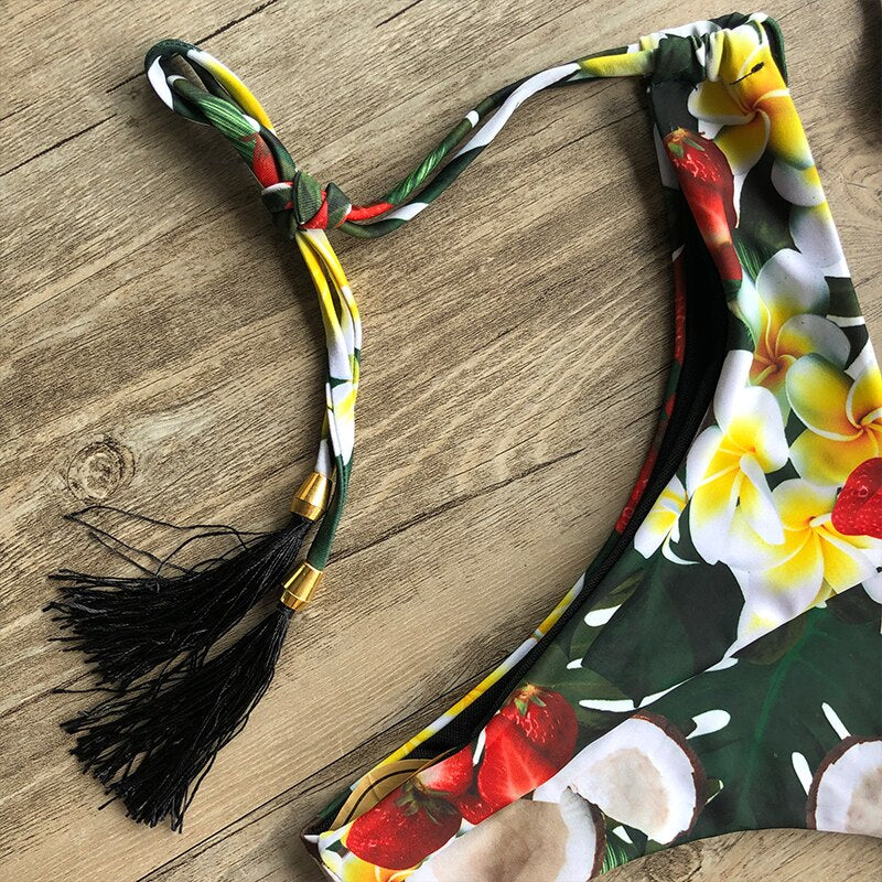 Floral print tassel swimwear Bandage swimsuit push up two pieces suit triangle bikini set bathing suit beach wear The Clothing Company Sydney