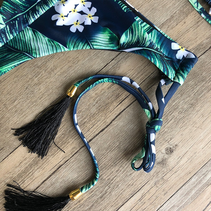 Floral print tassel swimwear Bandage swimsuit push up two pieces suit triangle bikini set bathing suit beach wear The Clothing Company Sydney