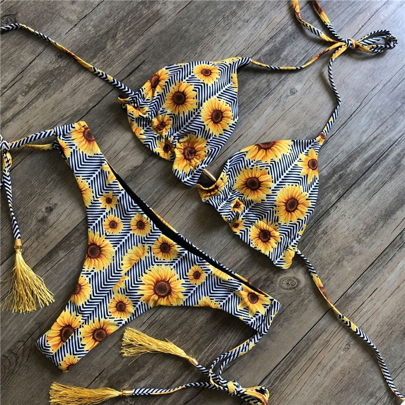 Floral print tassel swimwear Bandage swimsuit push up two pieces suit triangle bikini set bathing suit beach wear The Clothing Company Sydney