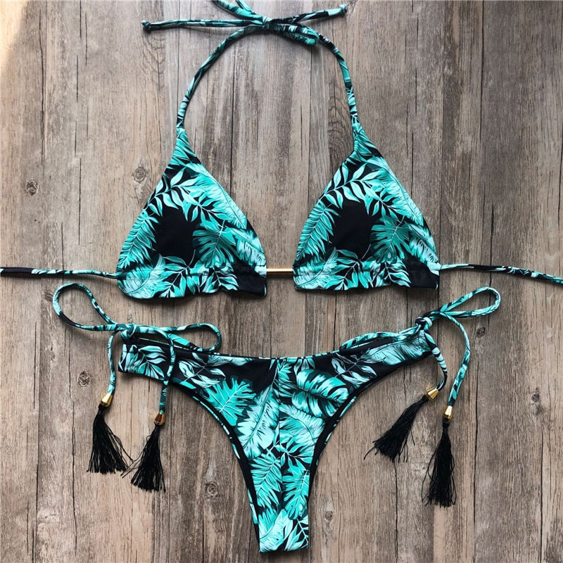 Floral print tassel swimwear Bandage swimsuit push up two pieces suit triangle bikini set bathing suit beach wear The Clothing Company Sydney