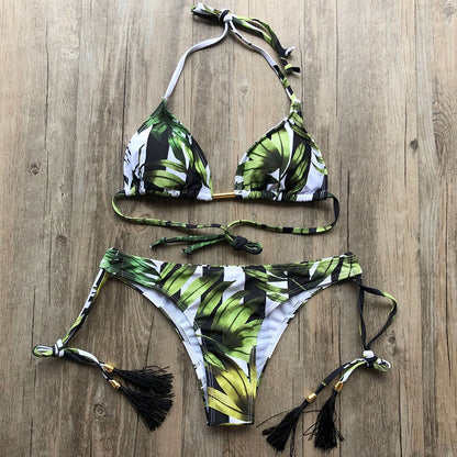 Floral print tassel swimwear Bandage swimsuit push up two pieces suit triangle bikini set bathing suit beach wear The Clothing Company Sydney