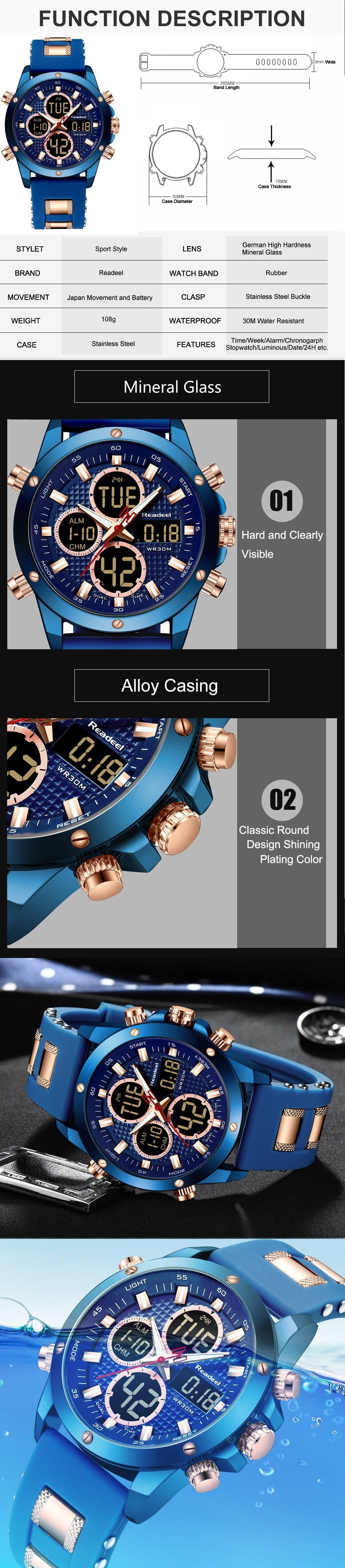 Brand Luxury Men's Chronograph Gold Quatz Digital Led Sport Watch Waterproof Wristwatch The Clothing Company Sydney