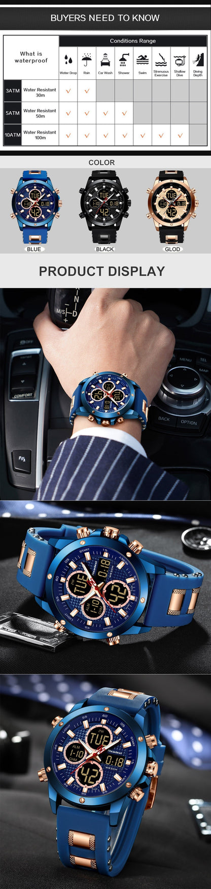 Mens Top Brand Luxury Chronograph Gold Men Watch Quartz Digital Led Sport Watch Waterproof Wristwatch The Clothing Company Sydney