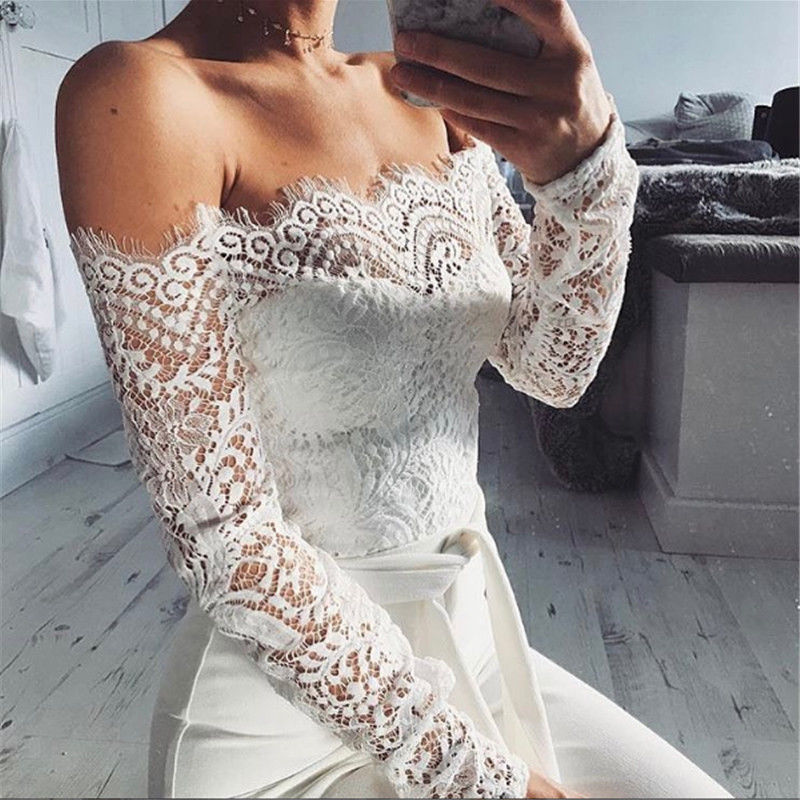 Ladies summer autumn off shoulder playsuits long sleeve sheer lace patchwork hollow bandage skinny playsuits The Clothing Company Sydney