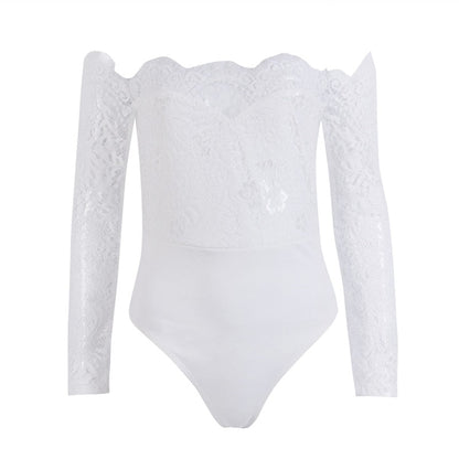 Ladies summer autumn off shoulder playsuits long sleeve sheer lace patchwork hollow bandage skinny playsuits The Clothing Company Sydney