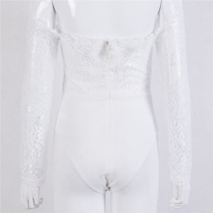 Ladies summer autumn off shoulder playsuits long sleeve sheer lace patchwork hollow bandage skinny playsuits The Clothing Company Sydney