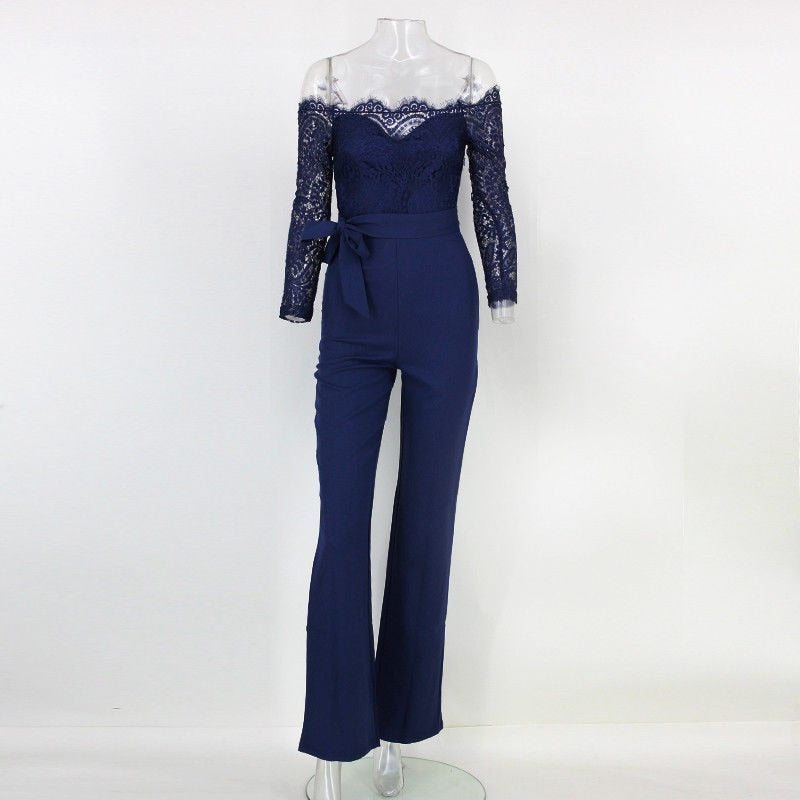 Ladies summer autumn off shoulder playsuits long sleeve sheer lace patchwork hollow bandage skinny playsuits The Clothing Company Sydney