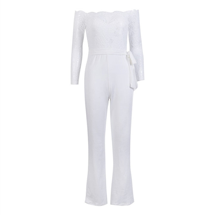 Ladies summer autumn off shoulder playsuits long sleeve sheer lace patchwork hollow bandage skinny playsuits The Clothing Company Sydney