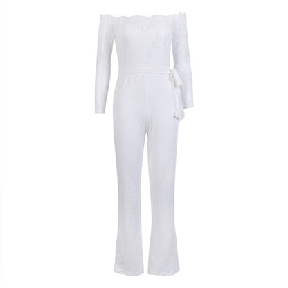 Ladies summer autumn off shoulder playsuits long sleeve sheer lace patchwork hollow bandage skinny playsuits The Clothing Company Sydney
