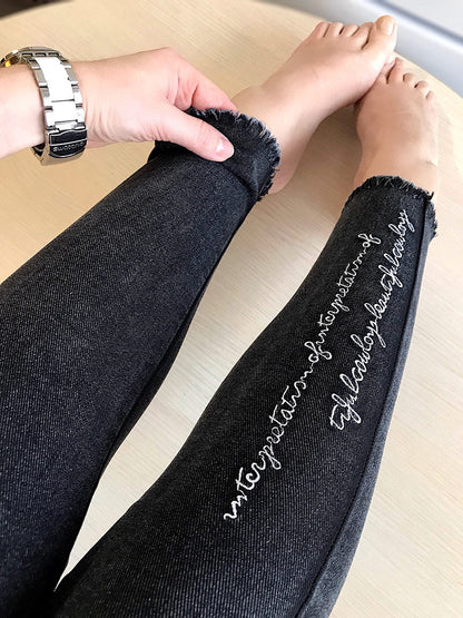 Spring Embroidered Letters Washed Jeans Leggings Skinny Slim Woven Pencil Pants Jeans Jeggings The Clothing Company Sydney