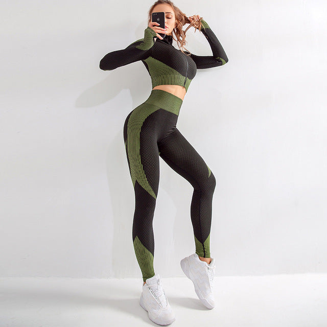 2 Piece Sports Yoga Gym Fitness Leggings Sportswear Seamless Athletic Long Sleeve Zip Up Top Set The Clothing Company Sydney
