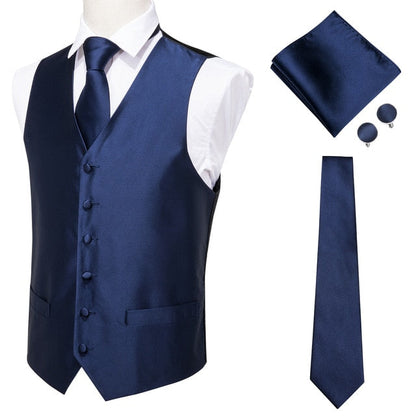 4 Piece Navy Paisley 100% Silk Dress Vest Dark Blue Jacquard Men's Suit Vest Waistcoat Tie Cufflinks Pocket Square Set The Clothing Company Sydney