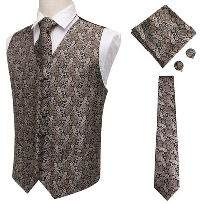 4 Piece Navy Paisley 100% Silk Dress Vest Dark Blue Jacquard Men's Suit Vest Waistcoat Tie Cufflinks Pocket Square Set The Clothing Company Sydney