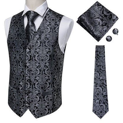 4 Piece Navy Paisley 100% Silk Dress Vest Dark Blue Jacquard Men's Suit Vest Waistcoat Tie Cufflinks Pocket Square Set The Clothing Company Sydney