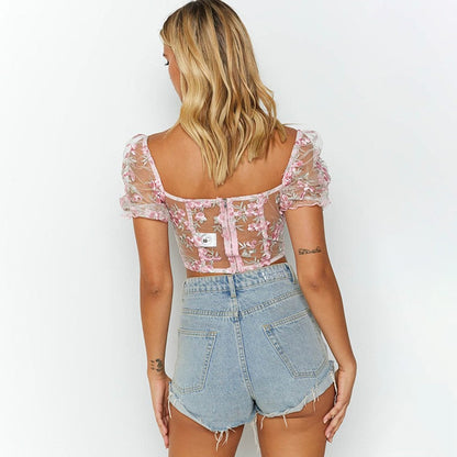 Square Neck Pink Mesh Embroidery Transparent Cropped Bustier Top Summer Shirt Puff Sleeve Blouse The Clothing Company Sydney