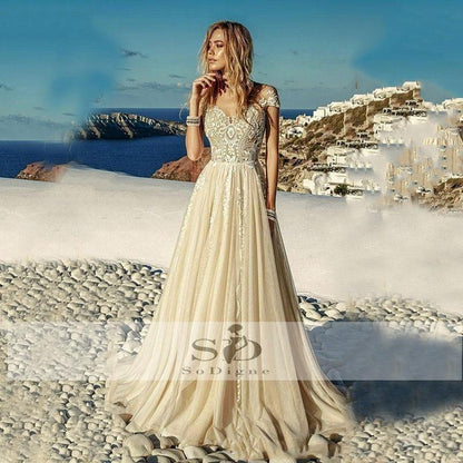 Champagne Boho Wedding Tull Lace A Line Appliques Long Beach Bridal Dress Wedding Gown The Clothing Company Sydney