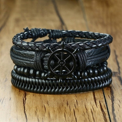 4 PieceSet Braided Wrap PU Leather Bracelets for Men Vintage Life Tree Rudder Charm Wood Beads Ethnic Tribal Style Wristbands The Clothing Company Sydney
