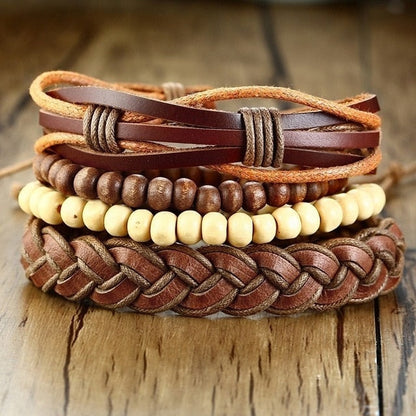 4 PieceSet Braided Wrap PU Leather Bracelets for Men Vintage Life Tree Rudder Charm Wood Beads Ethnic Tribal Style Wristbands The Clothing Company Sydney