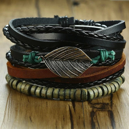 4 PieceSet Braided Wrap PU Leather Bracelets for Men Vintage Life Tree Rudder Charm Wood Beads Ethnic Tribal Style Wristbands The Clothing Company Sydney