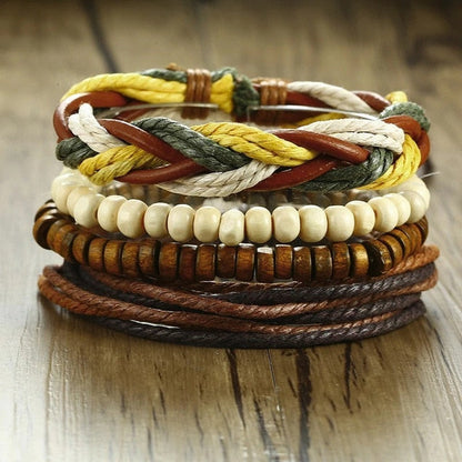 4 PieceSet Braided Wrap PU Leather Bracelets for Men Vintage Life Tree Rudder Charm Wood Beads Ethnic Tribal Style Wristbands The Clothing Company Sydney
