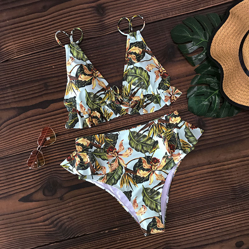 2 Piece Print Sexy Bathing Suit Cute Swimwear Women Swimsuit Ruffle Shoulder Brazilian High Waist Bikini Set The Clothing Company Sydney