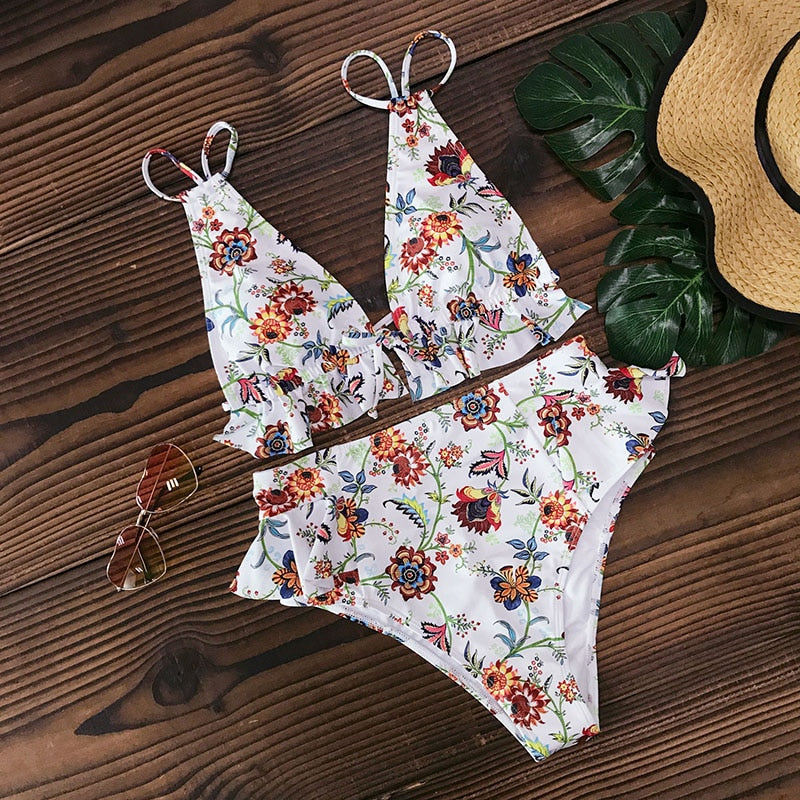 2 Piece Print Sexy Bathing Suit Cute Swimwear Women Swimsuit Ruffle Shoulder Brazilian High Waist Bikini Set The Clothing Company Sydney