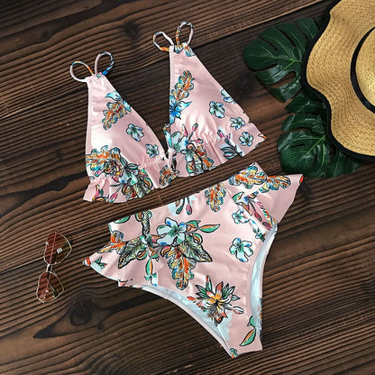 2 Piece Print Sexy Bathing Suit Cute Swimwear Women Swimsuit Ruffle Shoulder Brazilian High Waist Bikini Set The Clothing Company Sydney