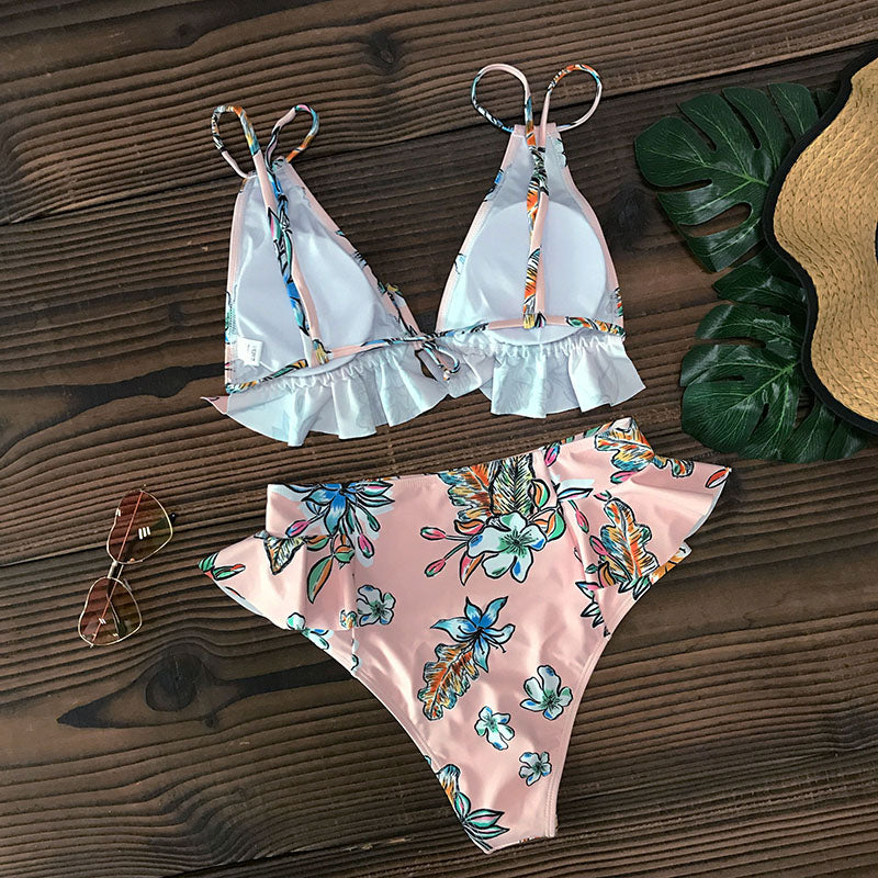 2 Piece Print Sexy Bathing Suit Cute Swimwear Women Swimsuit Ruffle Shoulder Brazilian High Waist Bikini Set The Clothing Company Sydney