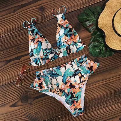 2 Piece Print Sexy Bathing Suit Cute Swimwear Women Swimsuit Ruffle Shoulder Brazilian High Waist Bikini Set The Clothing Company Sydney