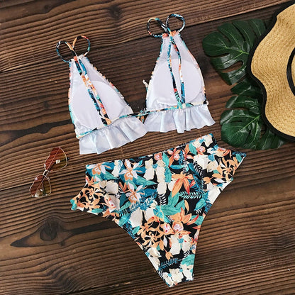 2 Piece Print Sexy Bathing Suit Cute Swimwear Women Swimsuit Ruffle Shoulder Brazilian High Waist Bikini Set The Clothing Company Sydney