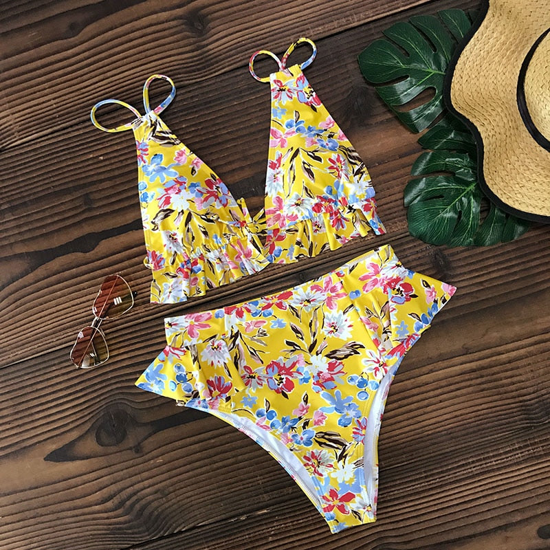 2 Piece Print Sexy Bathing Suit Cute Swimwear Women Swimsuit Ruffle Shoulder Brazilian High Waist Bikini Set The Clothing Company Sydney